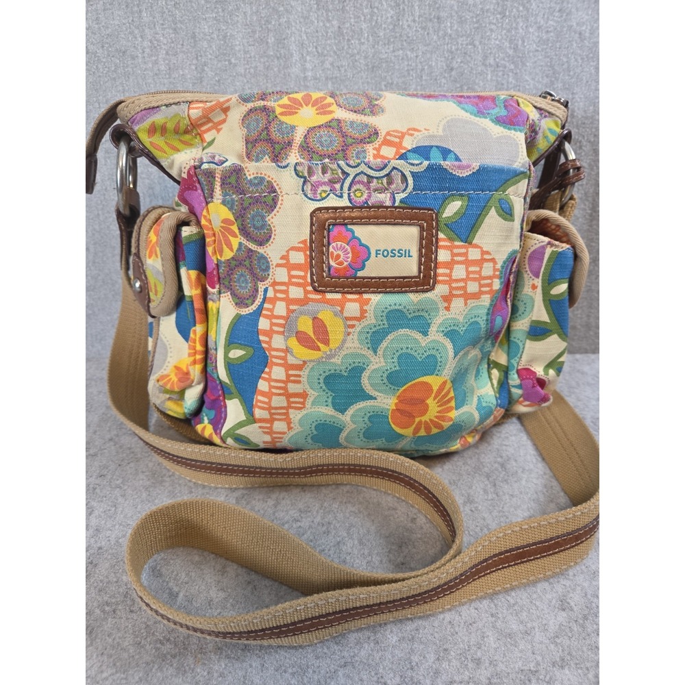 Fossil Cross Body Bag Vintage Boho Floral Colorful Pocketbook Purse Key Logo